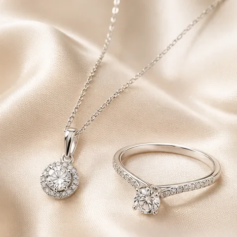 Dây chuyền và nhẫn bạc tinh tế của Queen's Silver trên nền lụa champagne